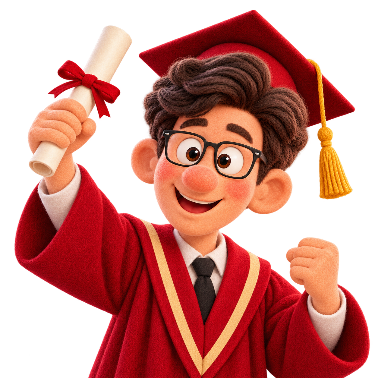Jonathan with glasses celebrating in a red graduation gown and holding a diploma